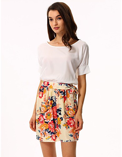 Women's White/Pink Round Flower Print Chiffon Short Sleeve Dress