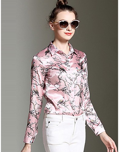 Women's Going out Vintage All Seasons Shirt,Print Shirt Collar Long Sleeve Pink Polyester Medium