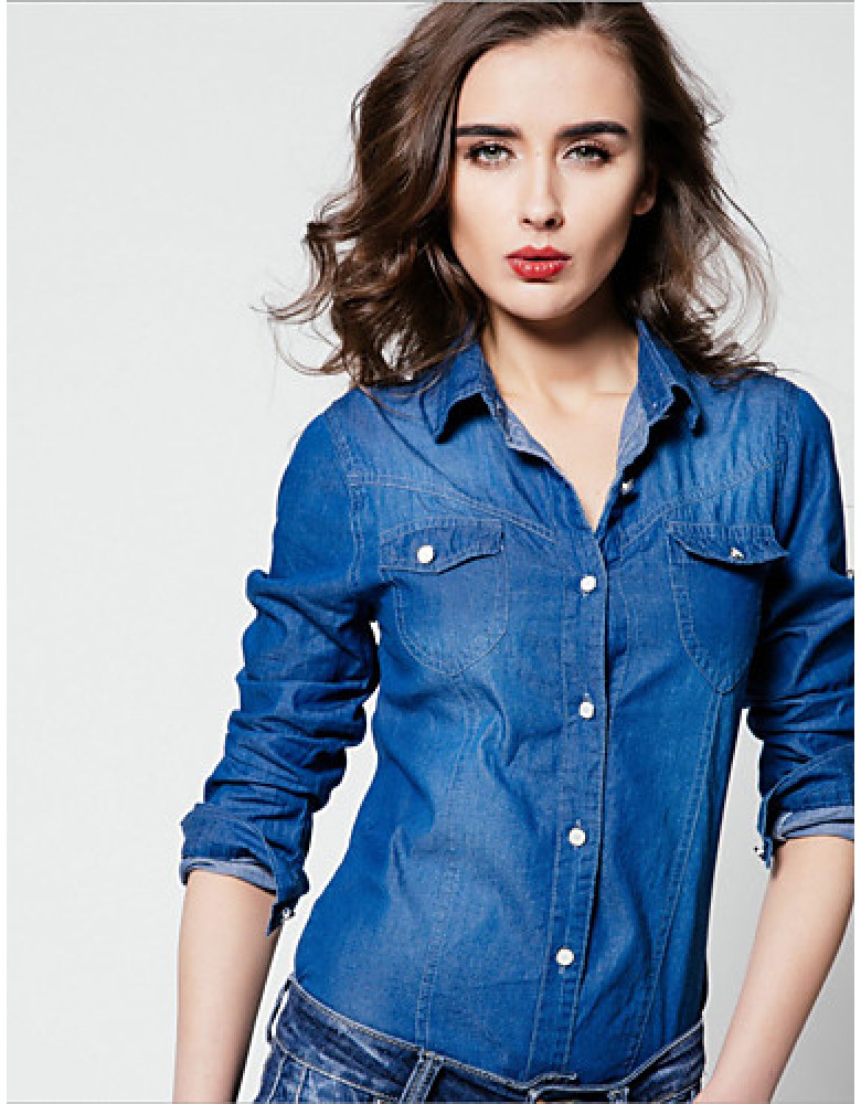 Women's Casual/Daily / Formal Vintage Spring / Fall ShirtSolid Shirt Collar Long Sleeve Blue Polyester Medium