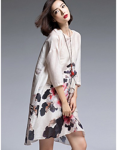 Women's Vintage Floral Loose Dress,Round Neck Asymmetrical Silk / Linen