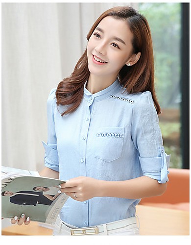 Women's Korean Stand Collar Crochet Cut Out Flax Solid OL Long Sleeve Shirt