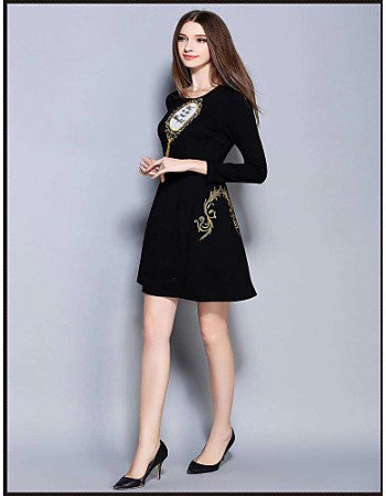  Women's Casual/Daily Simple Sheath DressEmbroidered Round Neck Above Knee Long Sleeve Black