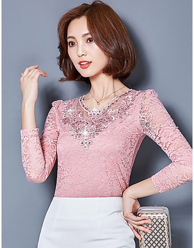 Spring Fall Casual Plus Size Women's Tops Solid Color V Neck Long Sleeve Lace Blouse Pink / White / Black