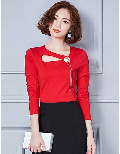 Women's Going out / Casual/Daily Simple / Street chic Fall / Winter T-shirtSolid Round Neck Long Sleeve Red / Black