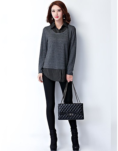 Women's Plus Size / Work Simple Fall Shirt,Striped Pullover Shirt Collar Long Sleeve Gray Rayon / Polyester Medium
