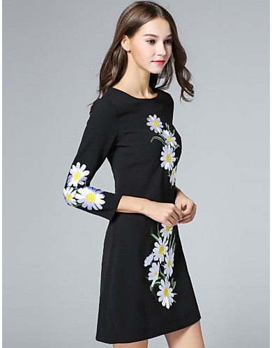 Boutique S Women's Casual/Daily Vintage Shift Dress,Embroidered Round Neck Above Knee Long Sleeve Polyester Fall
