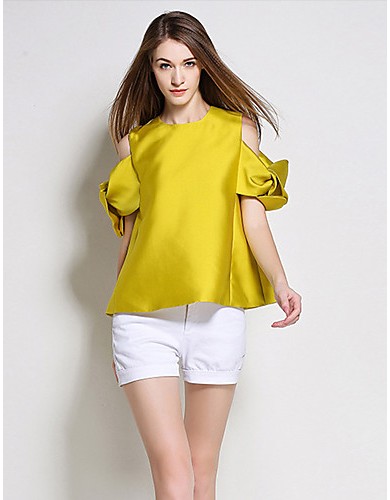  Women's Going out Simple Summer BlouseSolid Crew Neck Short Sleeve Yellow Polyester Medium
