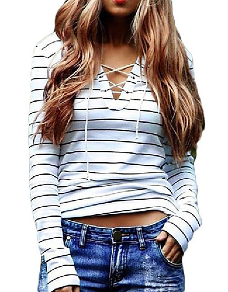 Women's Casual/Daily Sexy / Street chic Spring / Fall Hollow Out Slim Bandage T-shirtStriped V Neck Long Sleeve White