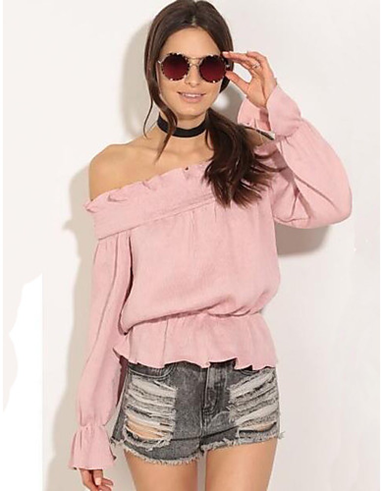 Women's Casual/Daily Street chic Peplum Off-The-Shoulder Summer T-shirt,Solid Boat Neck Long Sleeve
