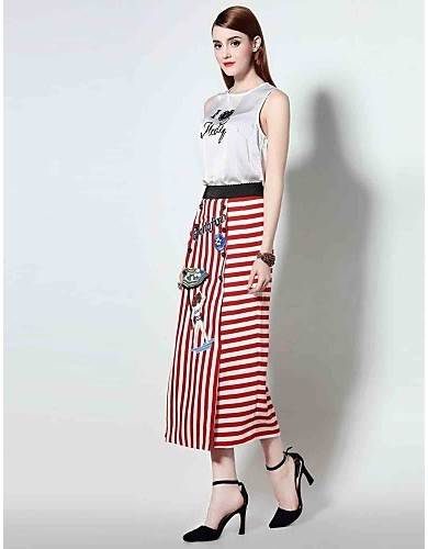 Boutique SWomen's Casual/Daily Sophisticated Spring / Summer Set,Print Round Neck Sleeveless Red Polyester Thin