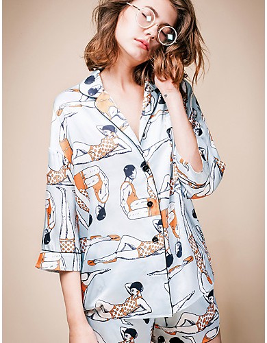 LIANGSANSHIWomen's Casual/Daily Street chic Summer Shirt,Print Shirt Collar ? Sleeve Blue Polyester / Others Thin