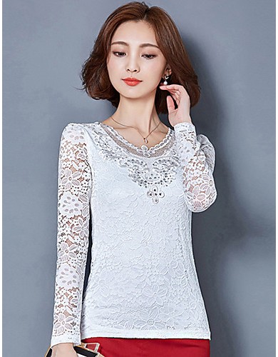 Spring Fall Casual Plus Size Women's Tops Solid Color V Neck Long Sleeve Lace Blouse Pink / White / Black
