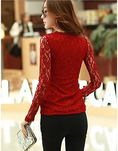 Women's Casual/Daily Simple Fall Blouse,Solid Round Neck Long Sleeve Red / White / Black Cotton / Rayon / Polyester Thin