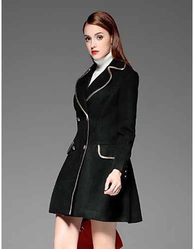  Women's Going out Vintage Coat,Solid Notch Lapel Long Sleeve Winter Black Wool Opaque