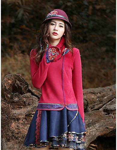 Our Story Going out Vintage Regular PulloverPaisley Red / Purple Round Neck Long Sleeve Cotton Spring
