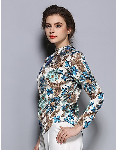 Women's Going out Vintage Spring BlousePrint Stand Long Sleeve Blue Cotton / Polyester Thin