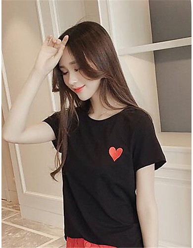 Women's Casual/Daily Simple Summer / Fall T-shirt,Solid Round Neck Short Sleeve White / Black Polyester Medium
