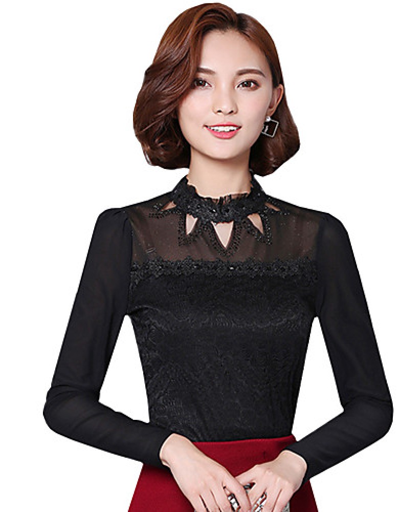 Spring Fall Women's Going out Fashion Wild Casual Solid Color Patchwork Stand Long Sleeve Blouse
