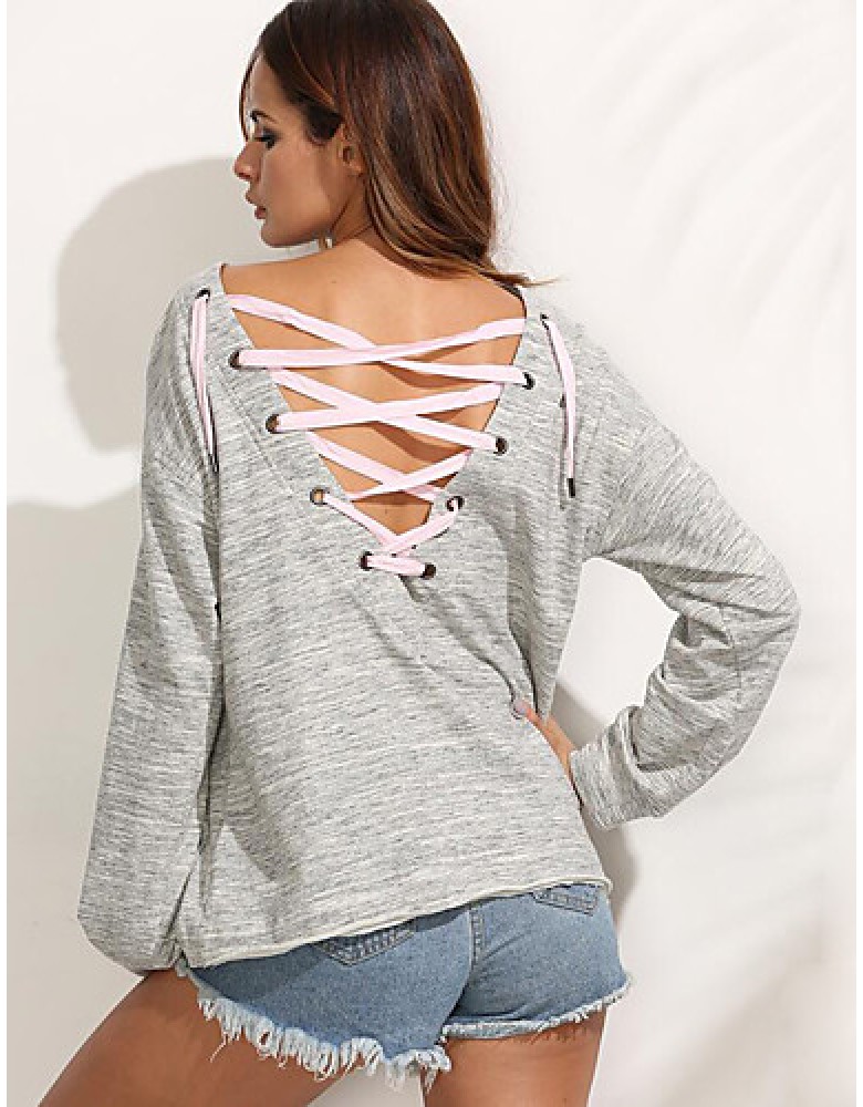 Women's Casual/Daily Street chic Spring / Fall T-shirtSolid Round Neck Long Sleeve Gray Cotton Medium