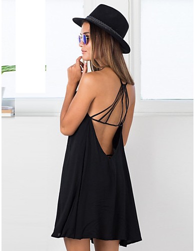 Women's Sexy Loose / Little Black Dress,Solid V Neck Mini Sleeveless Black Rayon Summer