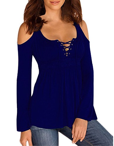Women's Plus Size / Casual/Daily Simple Fall T-shirtSolid U Neck Long SleevePurple Polyester Medium
