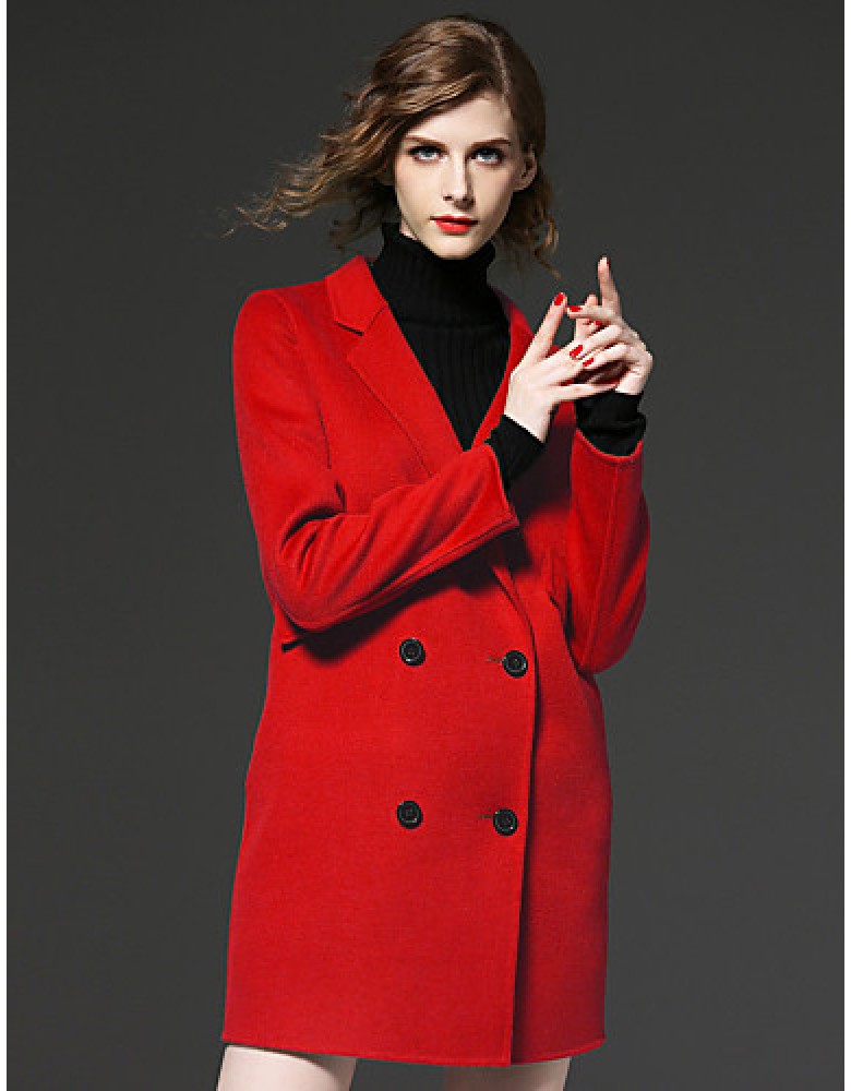  Work Simple / Print Peaked Lapel Long Sleeve Winter Red / Black / Green Faux Fur / Polyester Medium