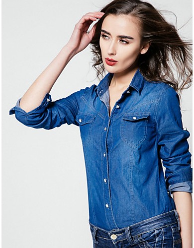Women's Casual/Daily / Formal Vintage Spring / Fall ShirtSolid Shirt Collar Long Sleeve Blue Polyester Medium