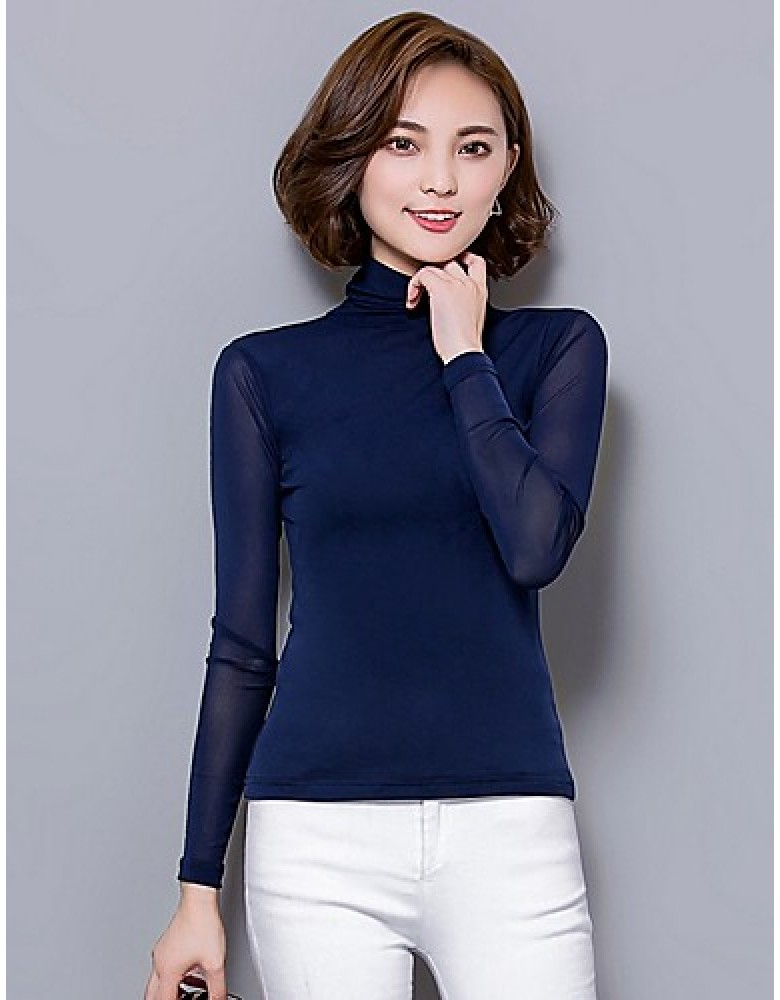 Daily Sexy Fall Blouse,Solid Turtleneck Long Sleeve Blue / Pink / Red / White / Black / Gray Polyester Thin