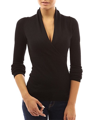 Spring / Fall Going out Casual Women's T-shirt Solid Color Sexy V Neck Long Sleeve Black / Purple Slim Tops