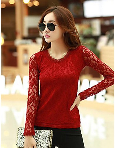 Women's Casual/Daily Simple Fall Blouse,Solid Round Neck Long Sleeve Red / White / Black Cotton / Rayon / Polyester Thin