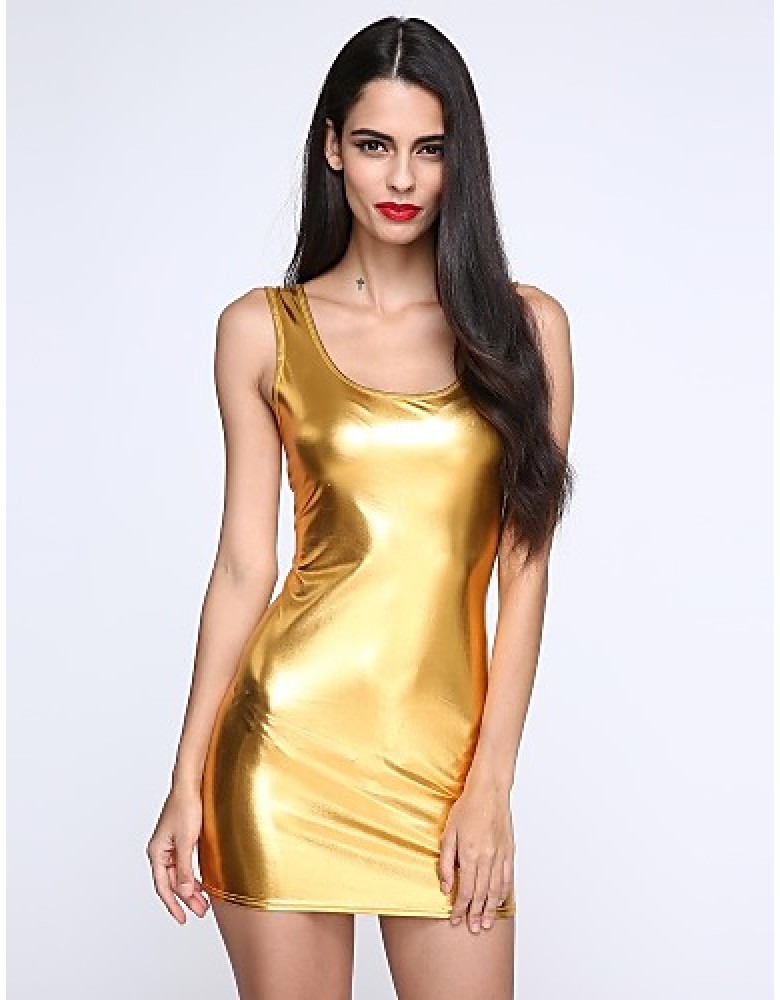 Women's Deep U Mini Dress , PU Black/Gold/Silver Sexy/Bodycon/Casual/Party/Work