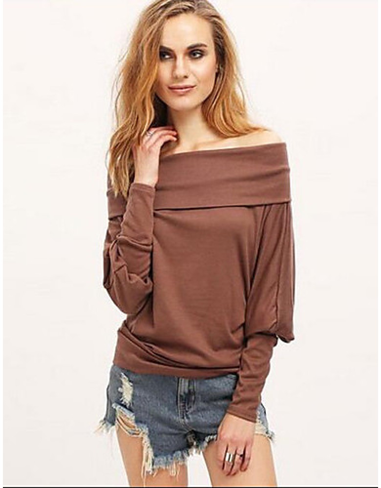 Women's Casual Fall / Winter T-shirt Solid Off Shoulder Long Sleeve White / Brown Shirt
