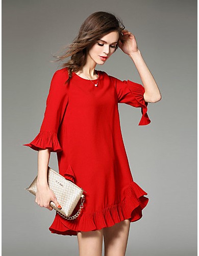  Women's Going out Cute Loose Dress,Solid Round Neck Above Knee ? Sleeve Black Cotton Spring