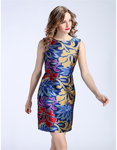 Women's Plus Size / Going out Chinoiserie Sheath DressEmbroidered Round Neck Above Knee Sleeveless