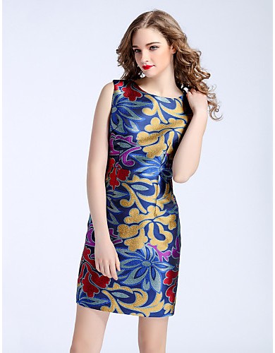  Women's Plus Size / Going out Chinoiserie Sheath DressEmbroidered Round Neck Above Knee Sleeveless