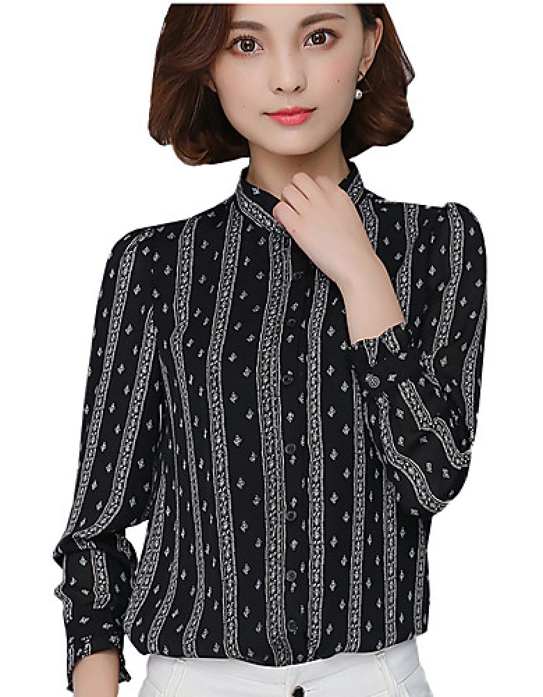 Spring Fall Going out Casual Women's Tops Fashion Striped Print Shirt Collar Long Sleeve Slim Chiffon Blouse
