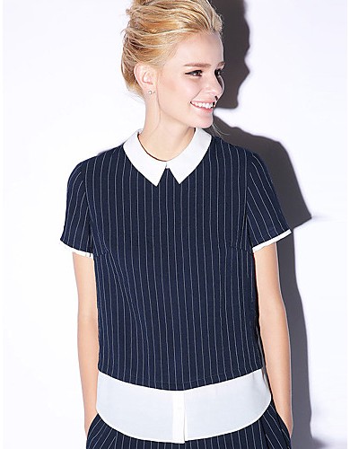 NewbeforeWomen's Going out Simple Summer BlouseStriped Shirt Collar Short Sleeve Blue / Brown