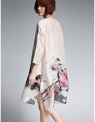 Women's Vintage Floral Loose Dress,Round Neck Asymmetrical Silk / Linen