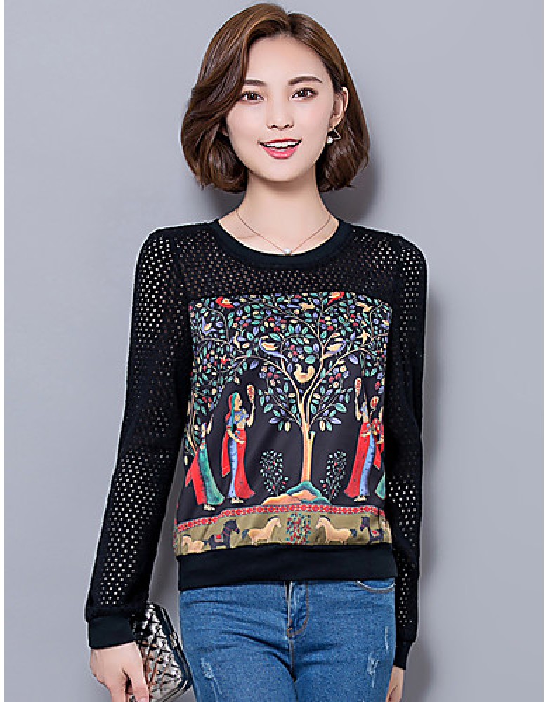 Women's Plus Size / Going out / Casual/Daily Street chic Spring / Fall T-shirtPrint / Patchwork Long Sleeve Black