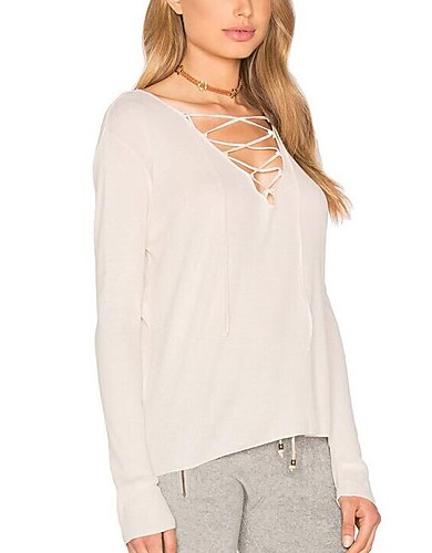 Women's Going out / Casual/Daily Simple / Street chic All Seasons T-shirtSolid V Neck Long Sleeve White Cotton /