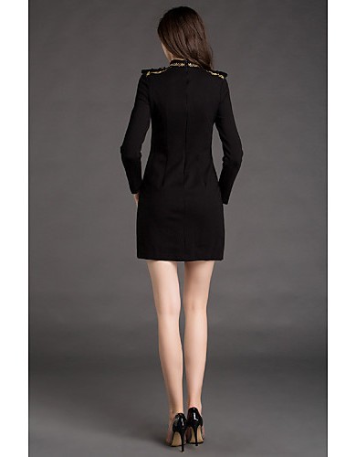 Women's Work Shift Dress,Jacquard Crew Neck Mini Long Sleeve Black Cotton / Polyester Spring