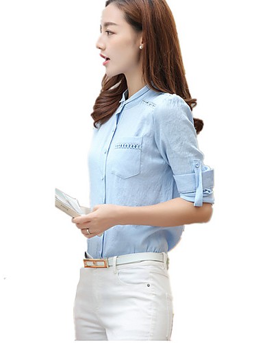 Women's Korean Stand Collar Crochet Cut Out Flax Solid OL Long Sleeve Shirt