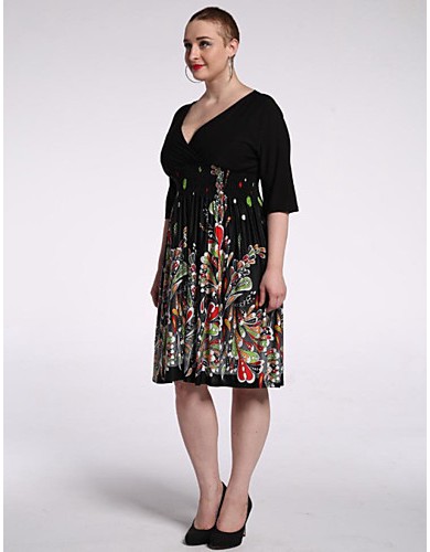 Women's Beach / Plus Size Boho Chiffon Dress,Floral V Neck Knee-length 陆 Length Sleeve Black Polyester / Spandex Summer