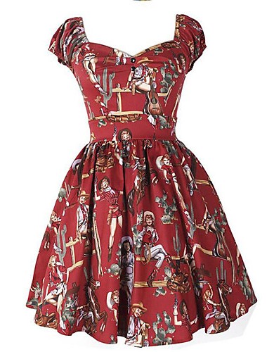 Women's Going out Vintage A Line Dress,Print Square Neck Above Knee Short Sleeve Pink / Red / Black / Green Polyester Summer