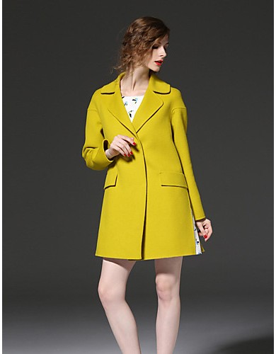  Women's Going out Simple Notch Lapel Long Sleeve Fall / Winter Yellow Wool / Polyester Medium