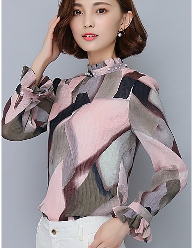 Spring Fall Go out Casual Women's Tops Fashion Wild Pink Printing Stand Collar Long Sleeve Chiffon Blouse