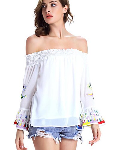 Women's Casual/Daily Sexy Fall Blouse,Embroidered Boat Neck Long Sleeve White / Black Polyester Opaque