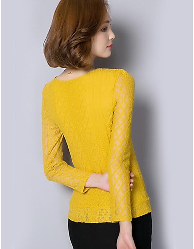 Women's Plus Size Sophisticated Fall BlouseSolid Round Neck Long Sleeve Black / Yellow Polyester Opaque