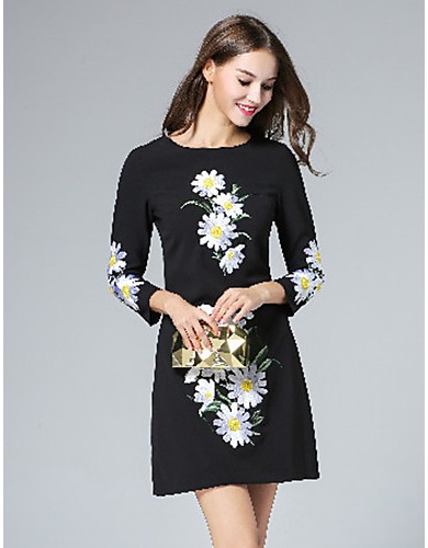 Boutique S Women's Casual/Daily Vintage Shift Dress,Embroidered Round Neck Above Knee Long Sleeve Polyester Fall