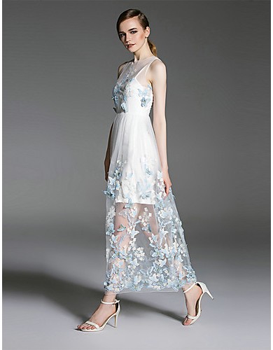 Women's Going out Sexy Swing Dress,Embroidered Round Neck Midi Sleeveless Blue / White Polyester Summer